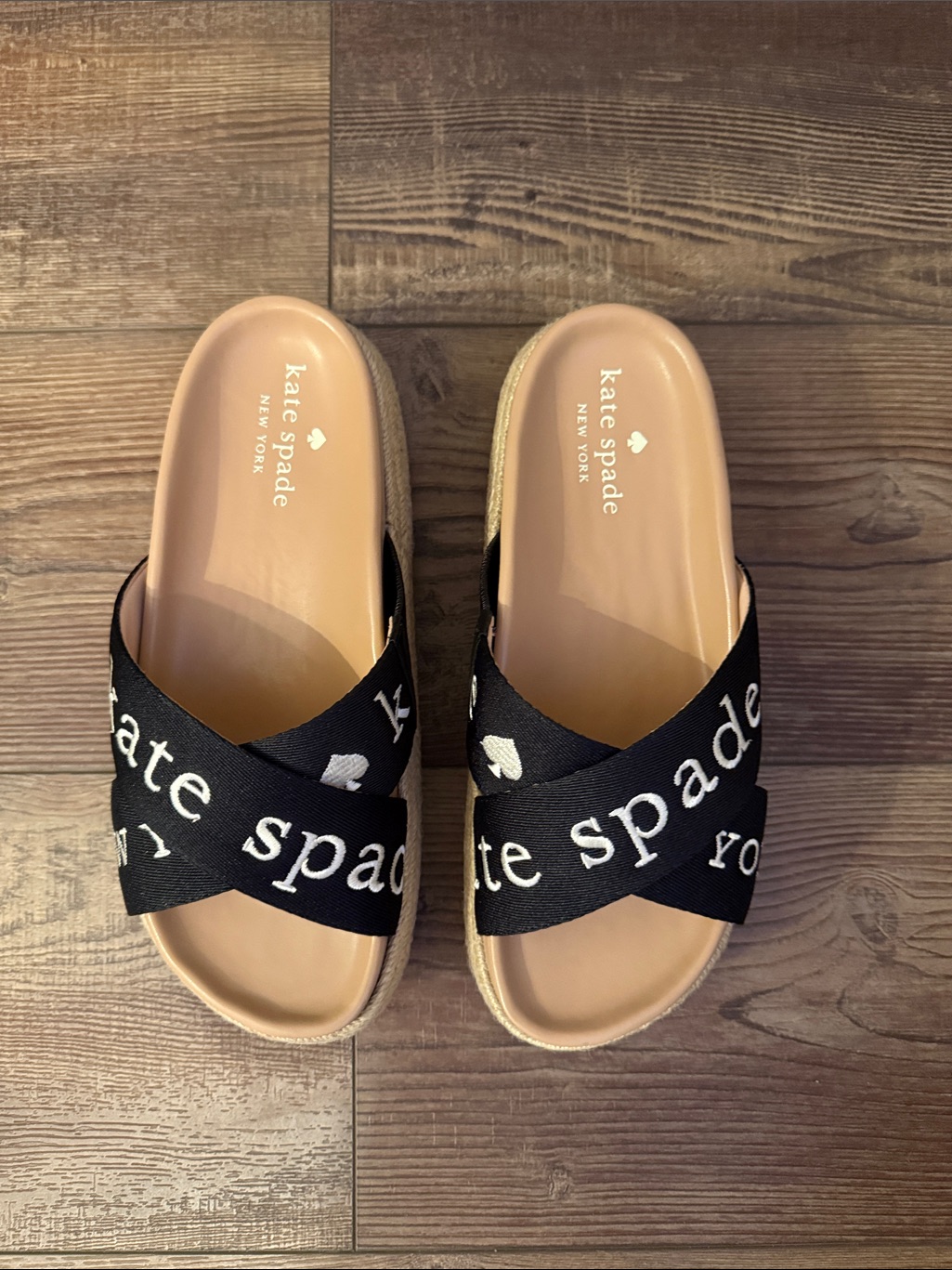 Kate Spade Black And Tan Logo Crossband Slide Sandals